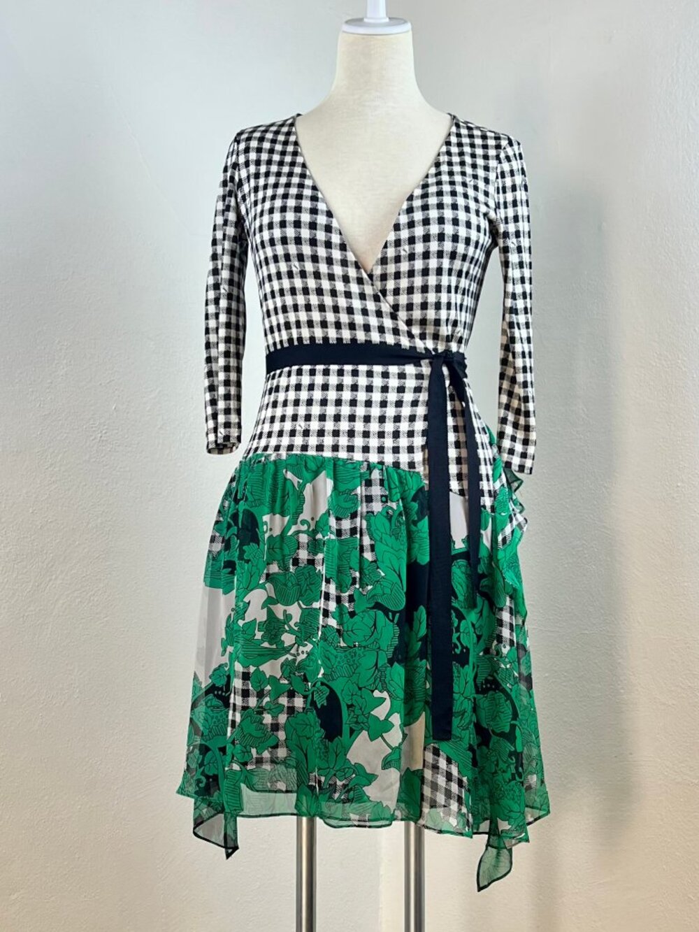 Iconic DVF Wrap Dress in Gorgeous Gingham with a Flowy Green + Black Skirt
